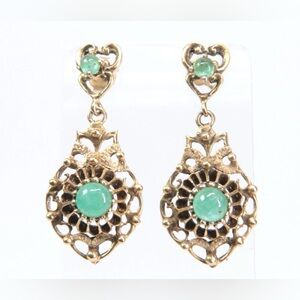 Vintage 14K Yellow Gold Cabachon Emerald Drop Earrings